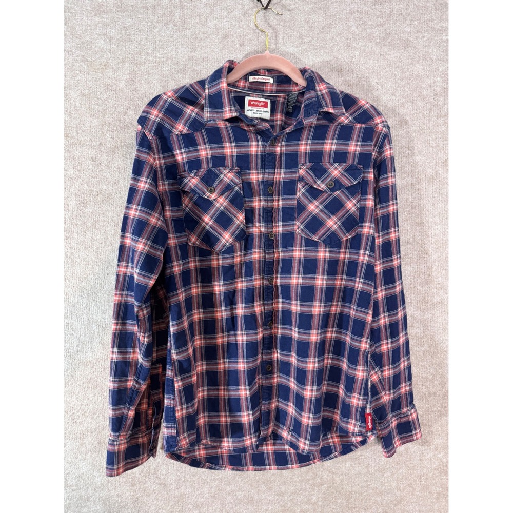 Wrangler Plaid Button Up Shirt Mens Size M Blue Red Flex Comfort Western Work